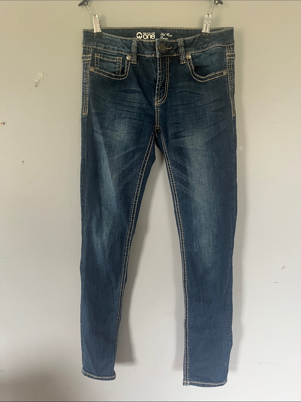 Warehouse One Jeans Women’s Mid Rise Skinny Dark Blue Stretch Jeans 30